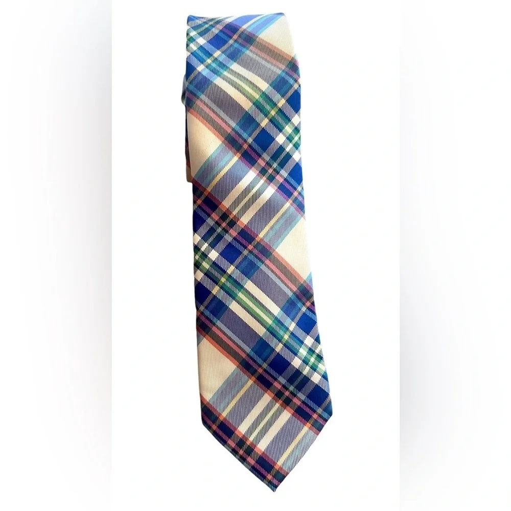 Express 100% Silk Plaid Tie - White Blue Red - Preppy